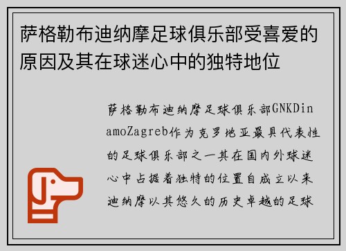 萨格勒布迪纳摩足球俱乐部受喜爱的原因及其在球迷心中的独特地位 萨格勒布迪纳摩足球俱乐部受喜爱的原因及其在球迷心中的独特地位